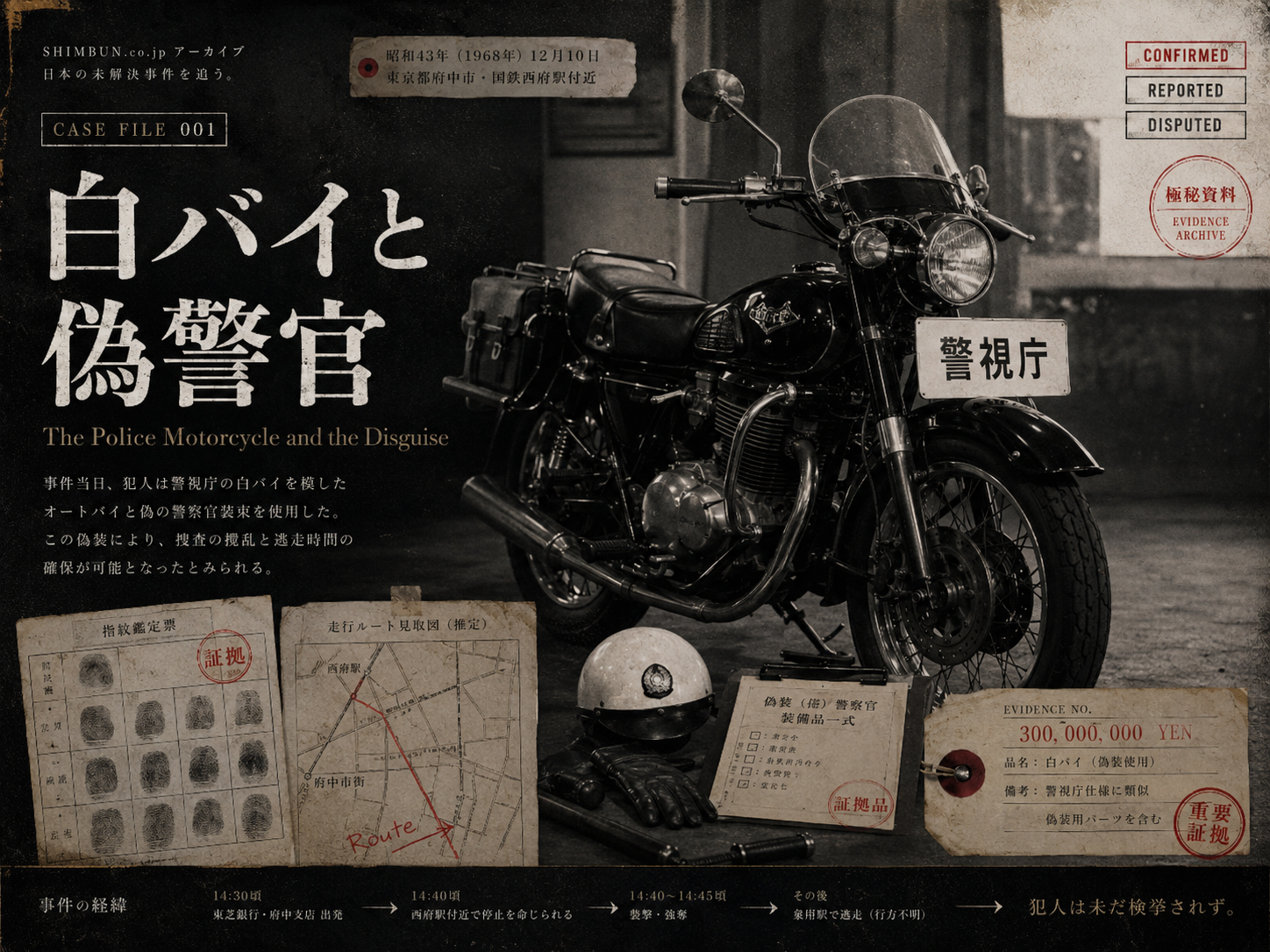 Illustration of the police motorcycle cue in the 300 Million Yen Incident