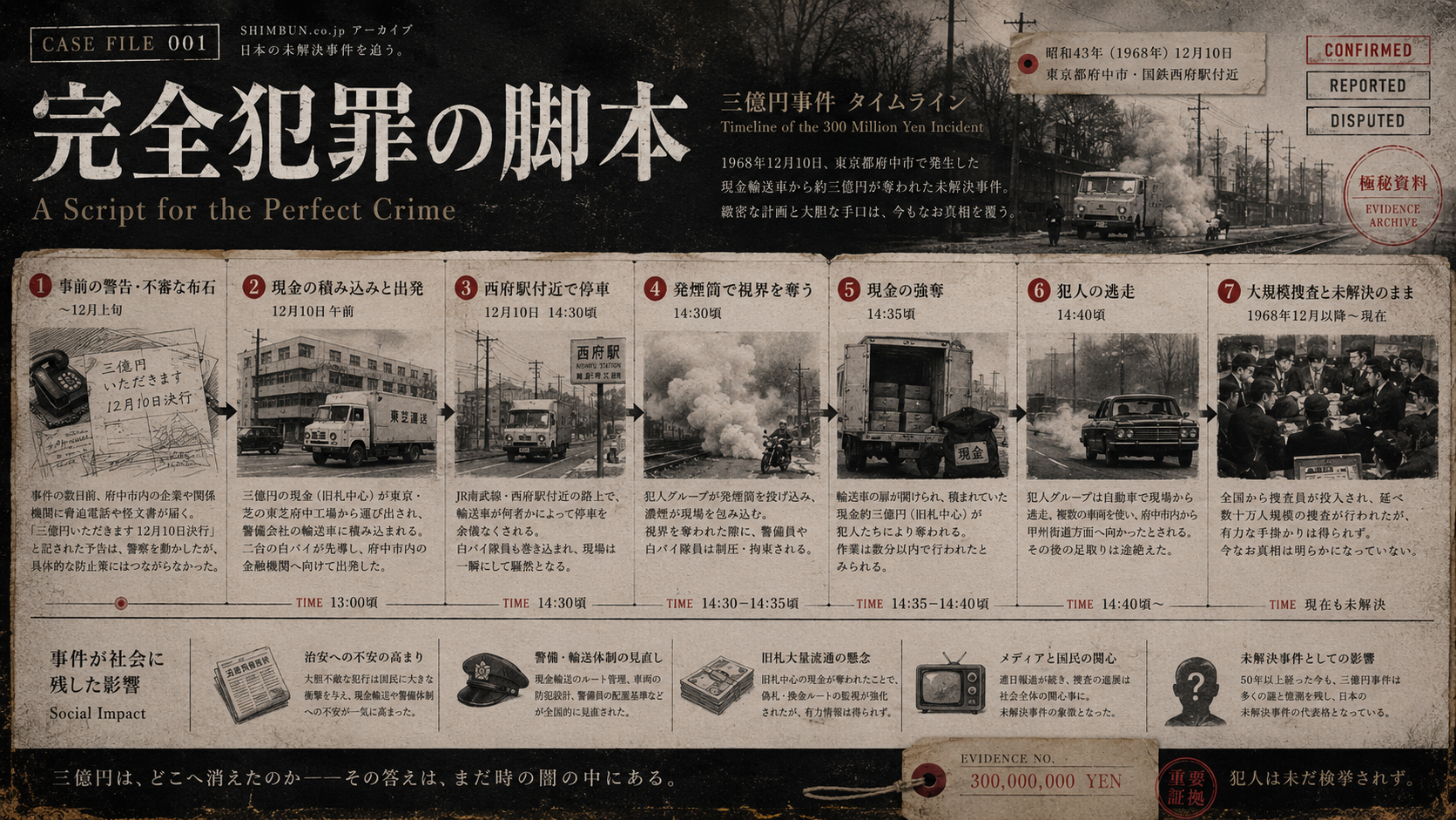 Timeline graphic for the 300 Million Yen Incident