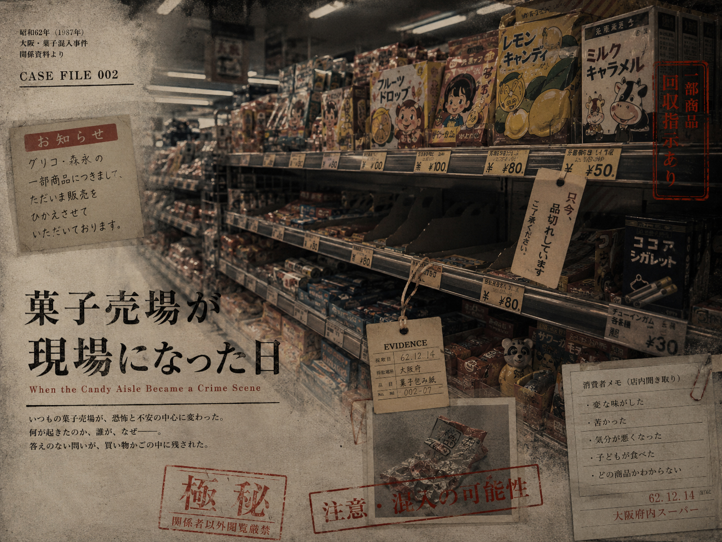 菓子売場が現場になった日を表現したスーパーの菓子棚画像。