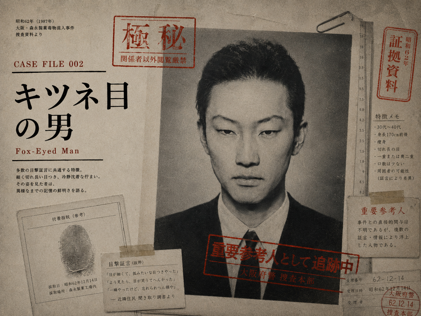 キツネ目の男を象徴的に描いた事件ファイル画像。