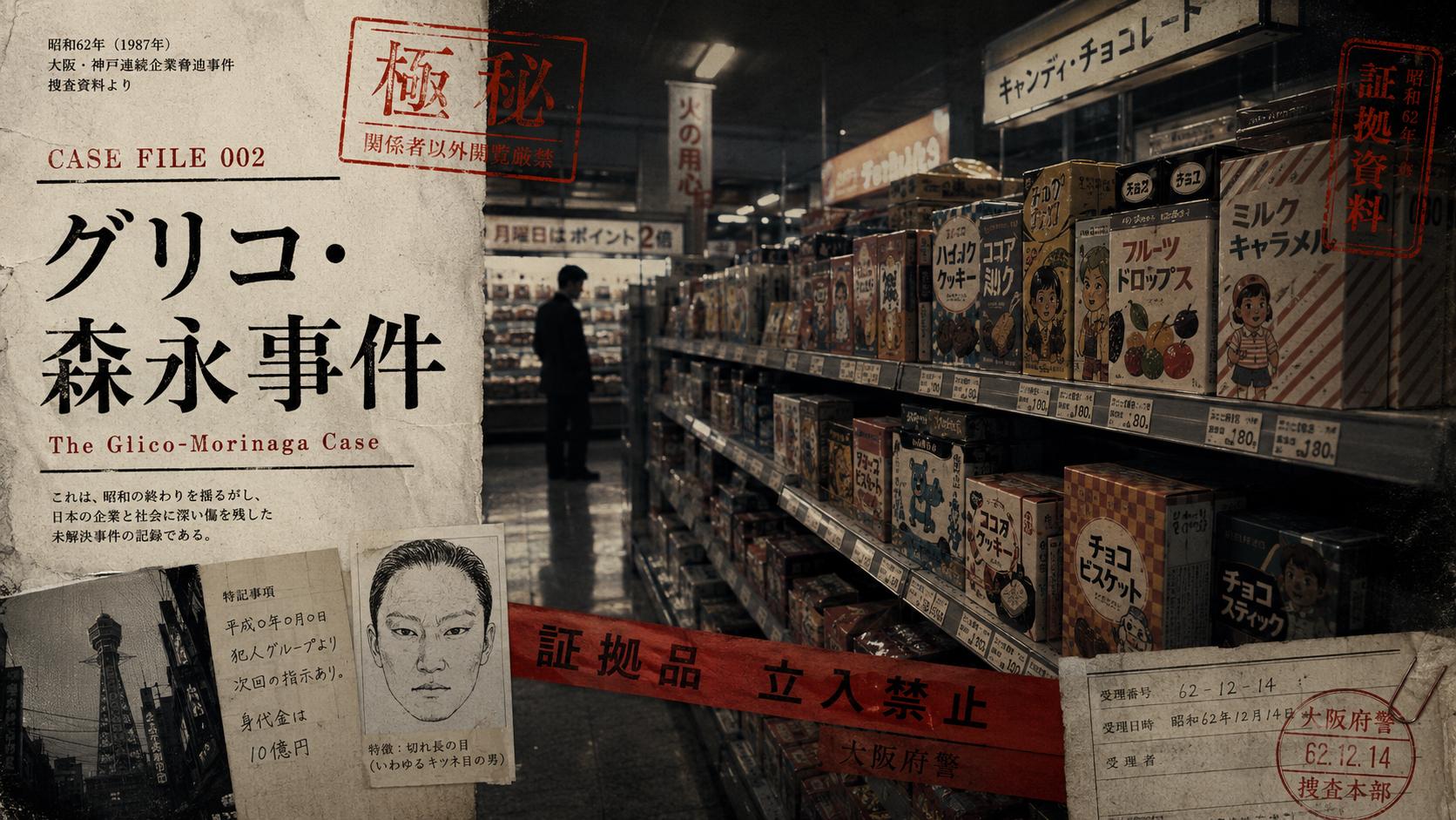 グリコ・森永事件の事件ファイル風ヒーロー画像。昭和の菓子売場と捜査資料を重ねたビジュアル。