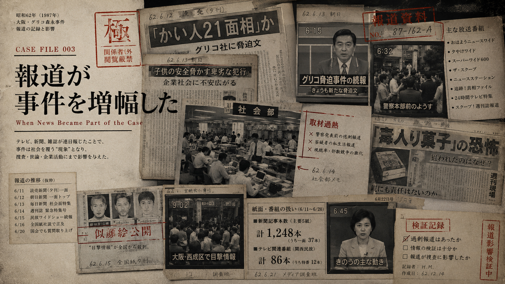 報道が事件を増幅した様子を表す新聞・テレビ報道コラージュ画像。