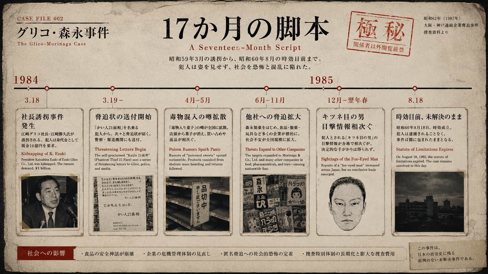 グリコ・森永事件の17か月を整理したタイムライン画像。