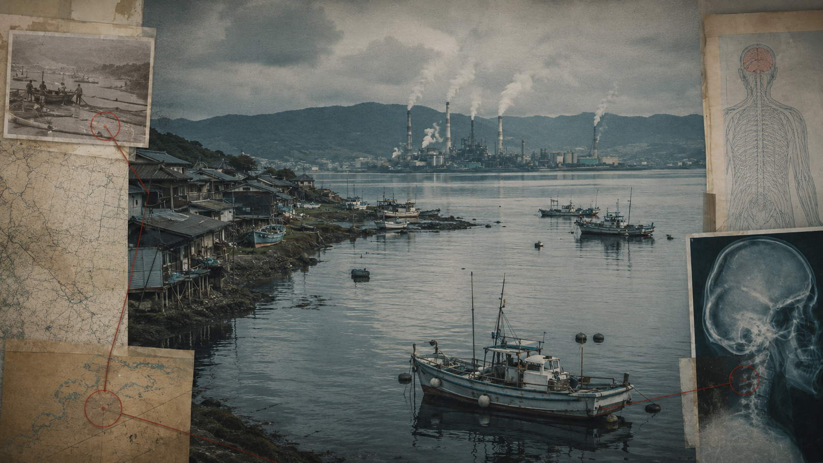 Minamata Bay, fishing boats, and industrial background