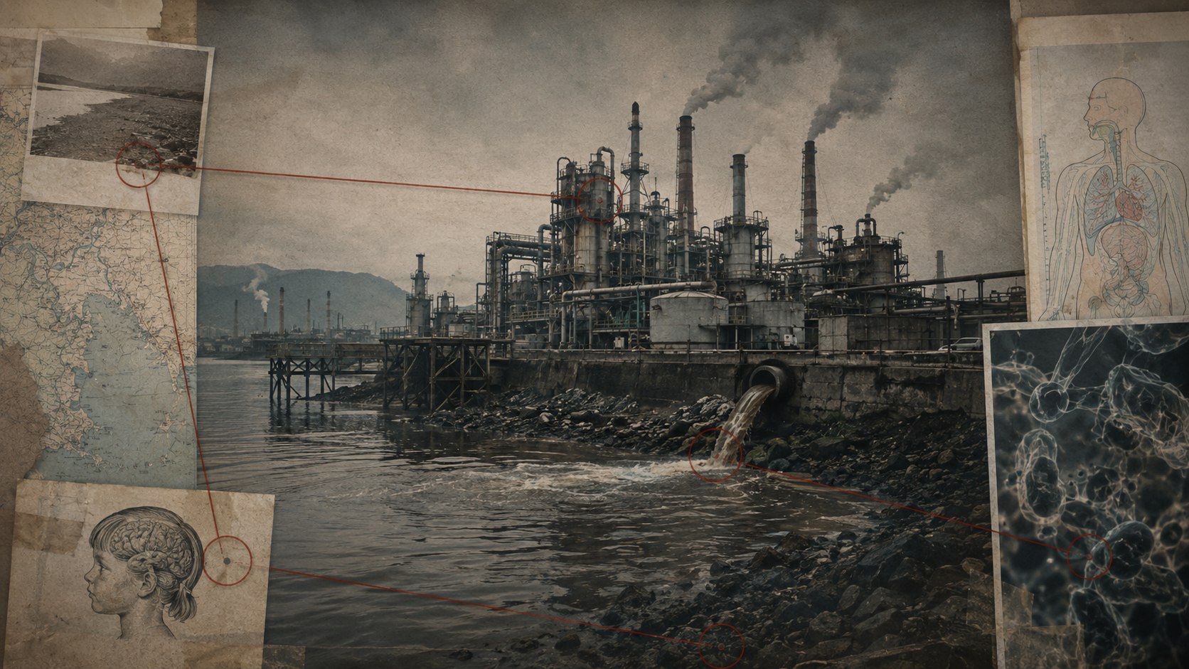 Industrial factory and waterfront discharge visual for Minamata disease
