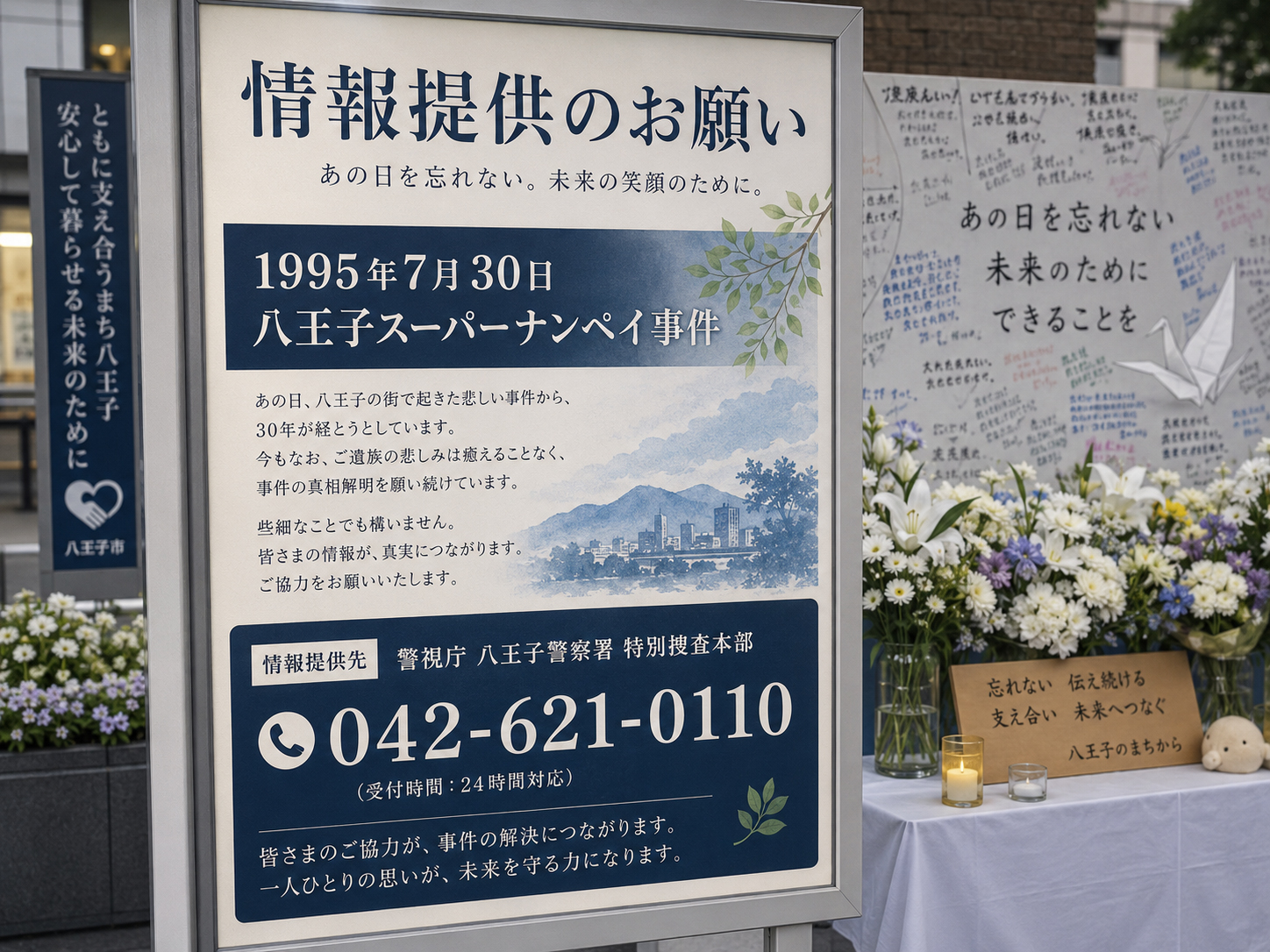 情報提供を呼びかける掲示と献花のイメージ