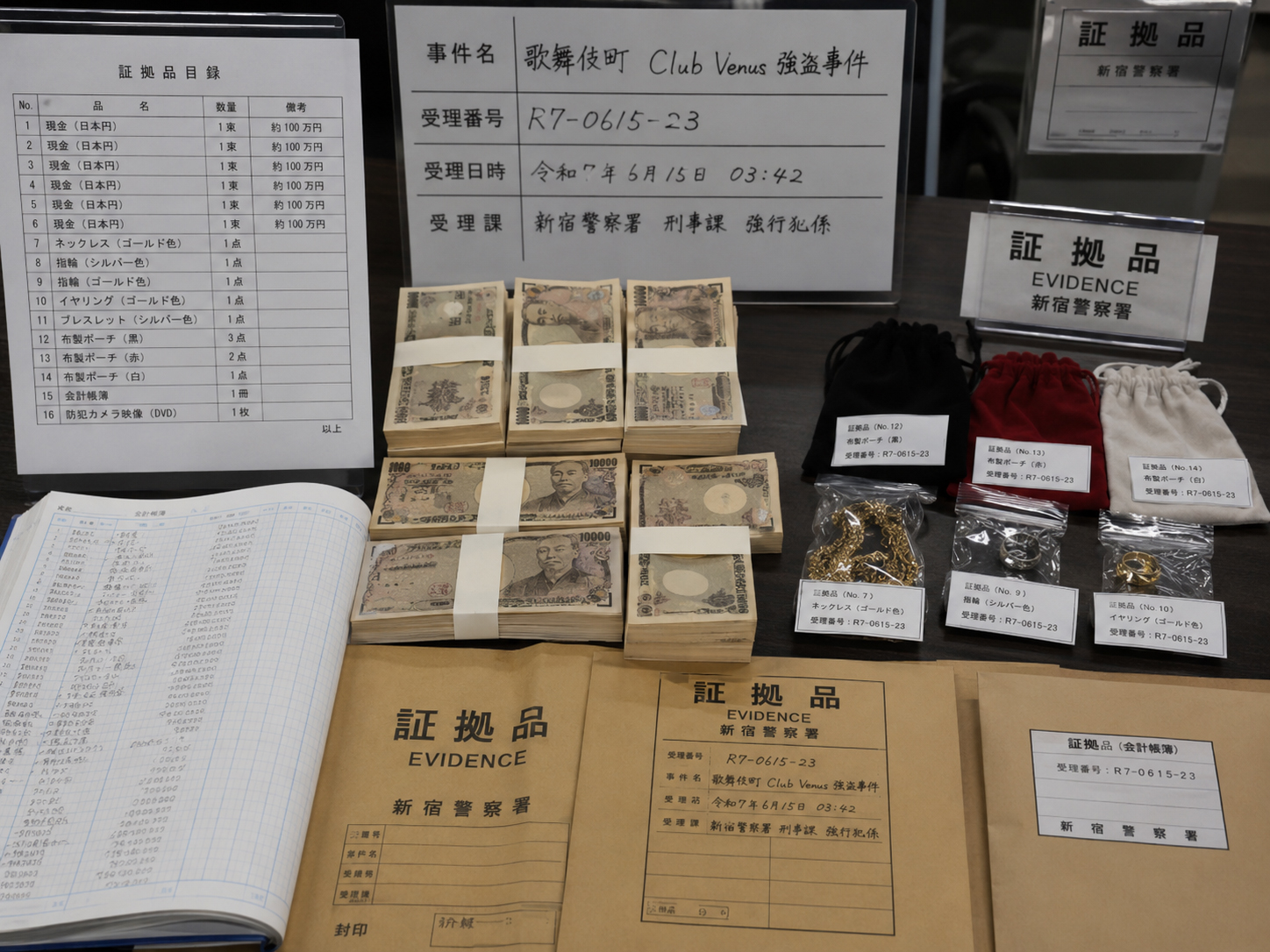 強盗の物証を示す非グラフィックな証拠卓。現金、貴金属、台帳、証拠袋が事件の性質を示す。