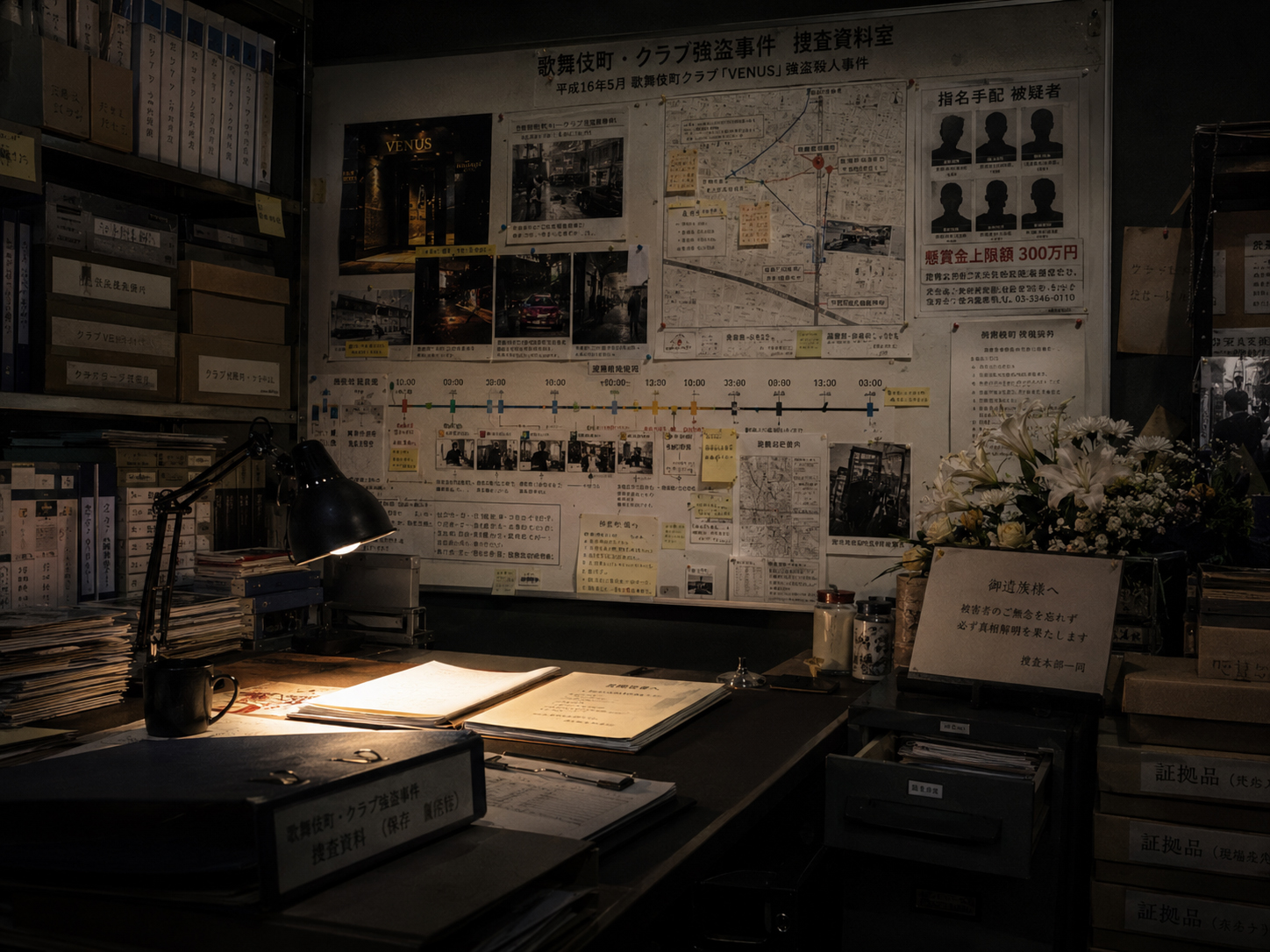 冷たい事件資料室。ネオンの街の事件は、最後には地図、写真、証言、手配書、そして小さな追悼の花として残る。