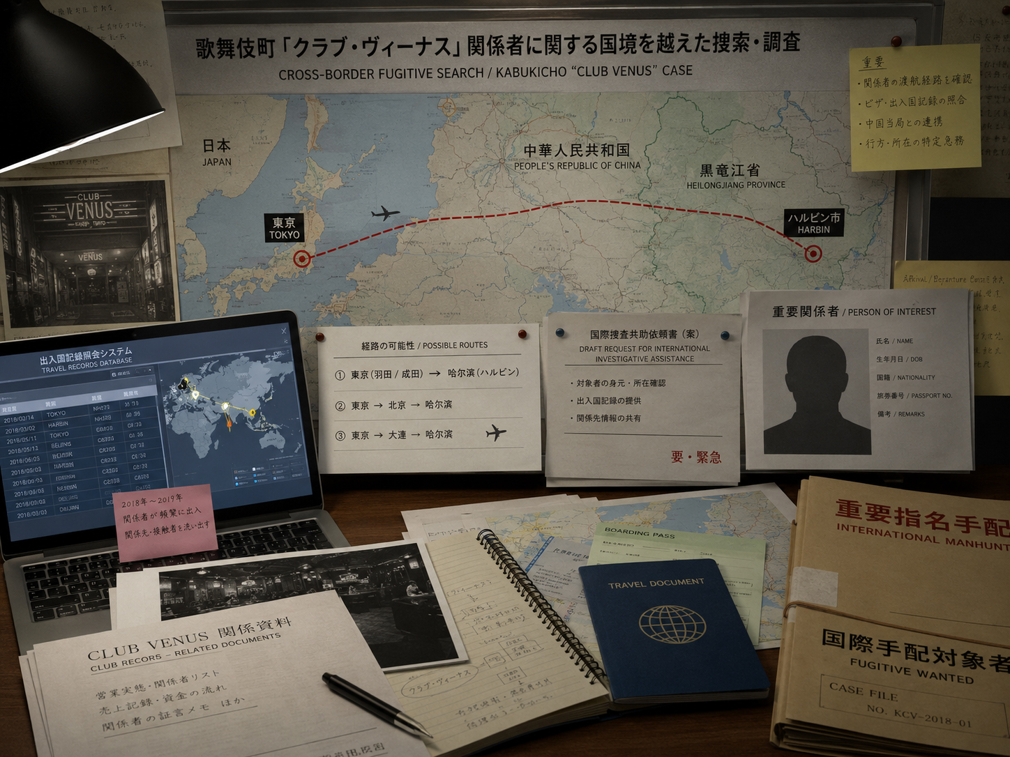 東京、黒竜江省、ハルビンを結ぶ捜査資料のイメージ。国境を越えた逃亡情報が事件を長期化させた。