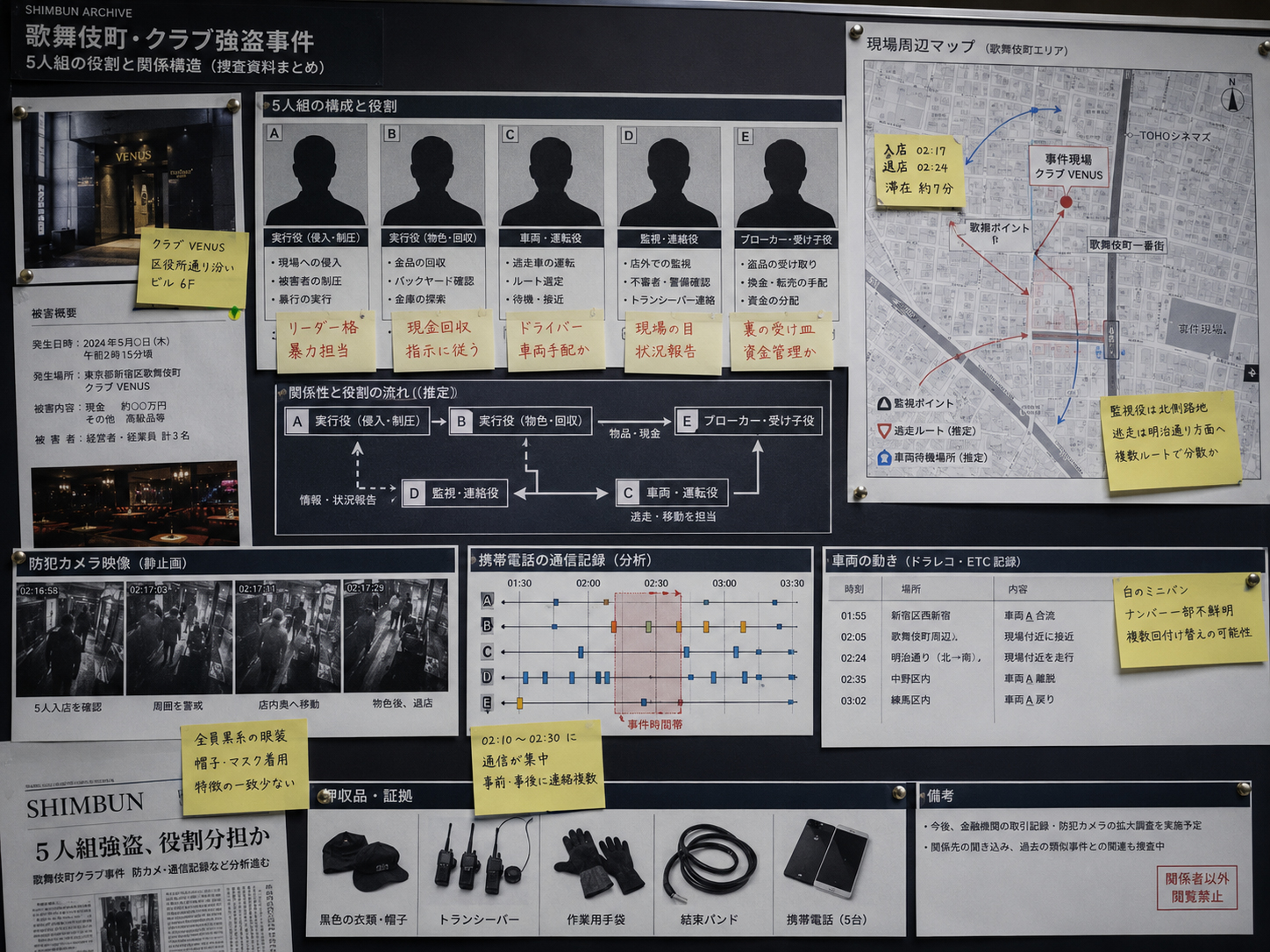 5人組の役割を抽象化した捜査ボード。犯人像ではなく、役割分担と導線の分析として扱う。