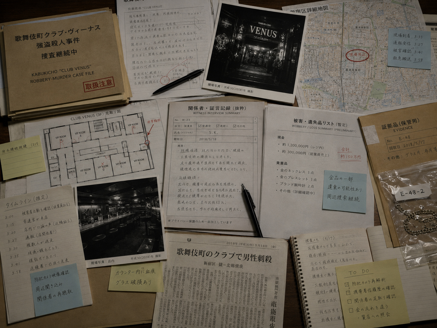 捜査ファイルの卓上整理。見取り図、証言記録、損害品リスト、地図が一つの事件を構成する。