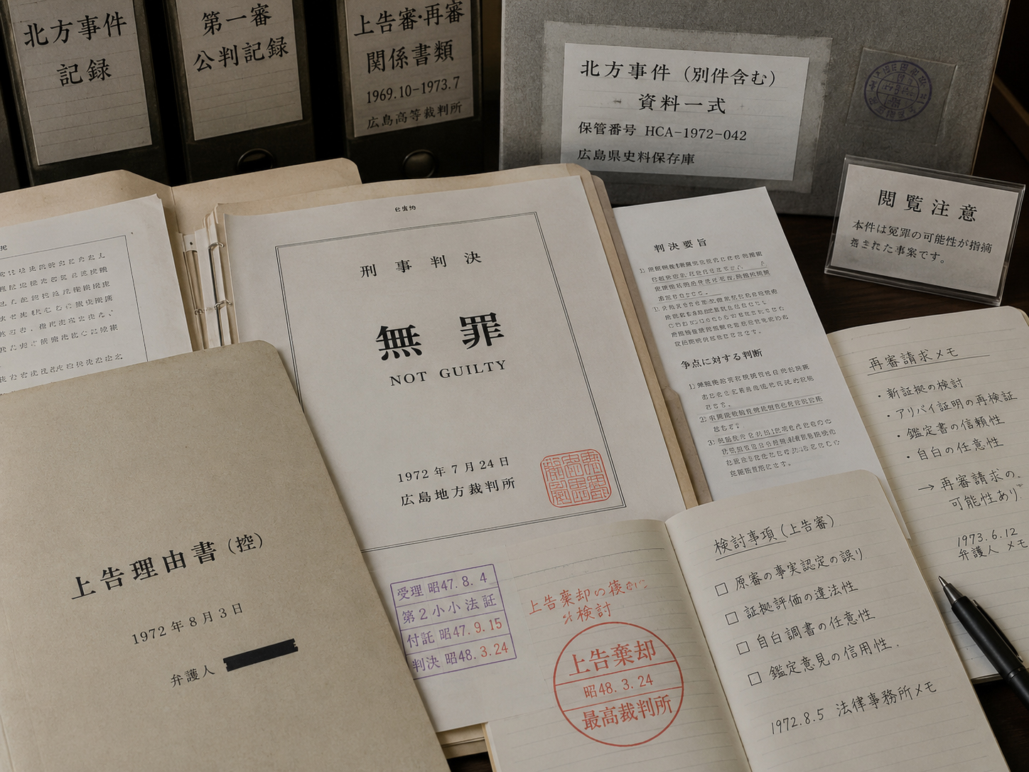 北方事件の裁判文書。無罪判決は、未解決のまま残された問いを消さない。