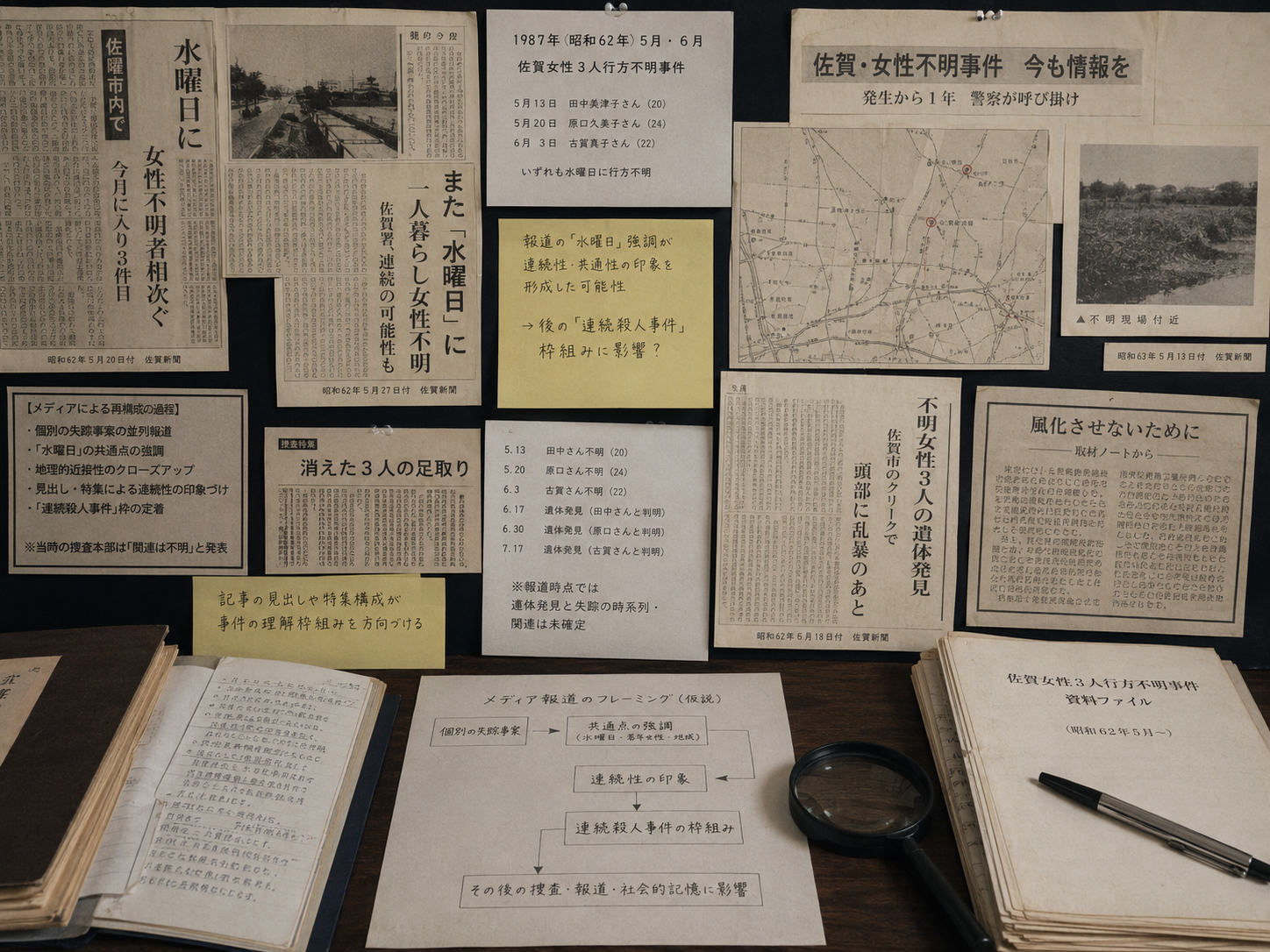 新聞切り抜きのアーカイブ。報道は事件を記録するが、同時に事件の枠組みもつくる。