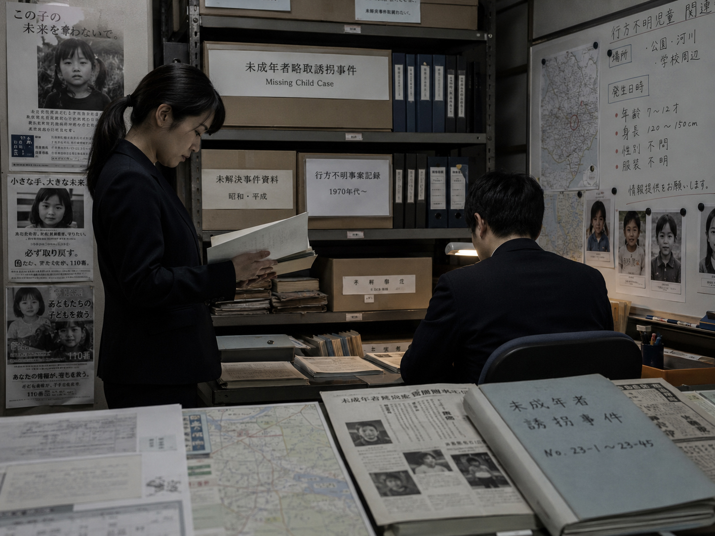 長期未解決の行方不明事件を見直す捜査室を表現した画像